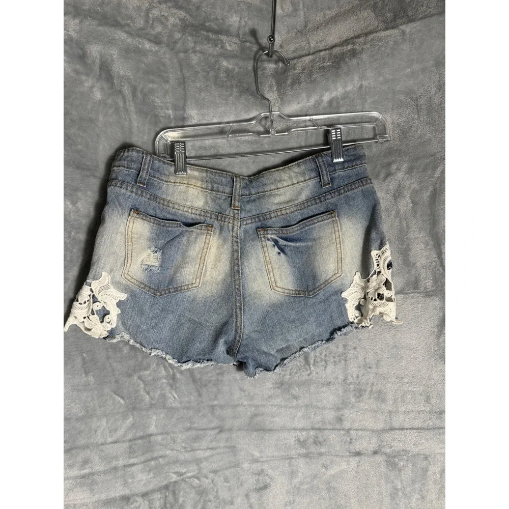 Blu Pepper‎ Vintage Womens Blue Denim Crochet Lace Trim Distressed Shorts L